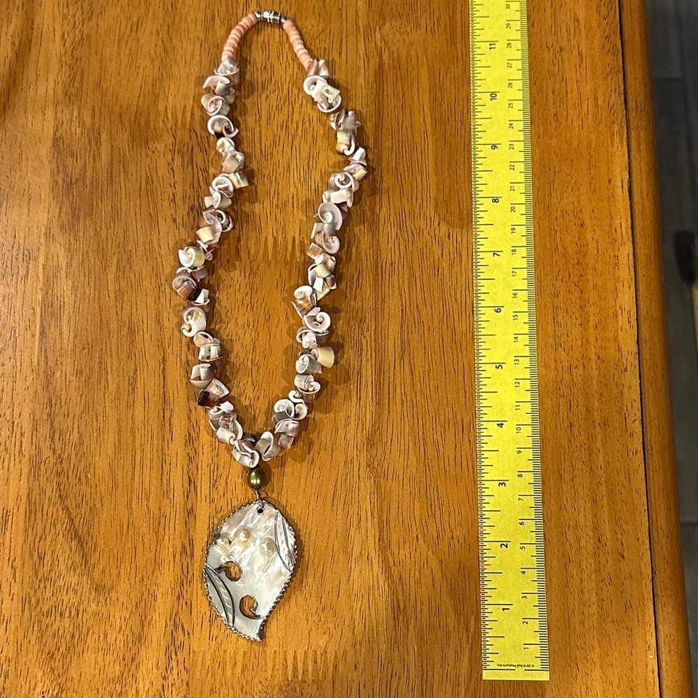 Mother of Pearl with Blister Pearls Necklace with Shell Chain and Corral ends.